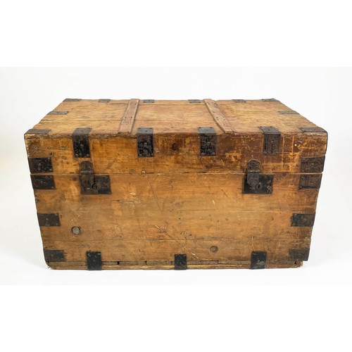 150 - CHEST, 100cm W x 56cm D x 54cm H, 19th century pine and iron bound.