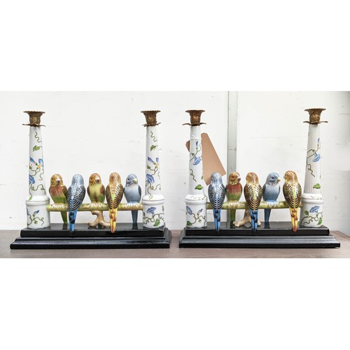 310 - CANDELABRA, a pair, 40cm x 12cm x 35cm, glazed ceramic, in the form of birds on a branch. (2)