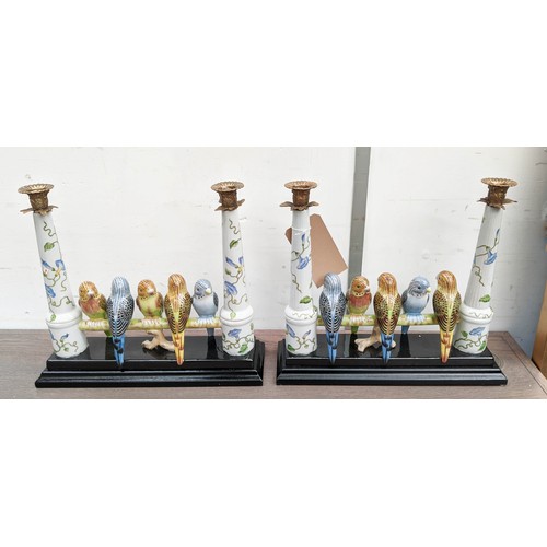 310 - CANDELABRA, a pair, 40cm x 12cm x 35cm, glazed ceramic, in the form of birds on a branch. (2)