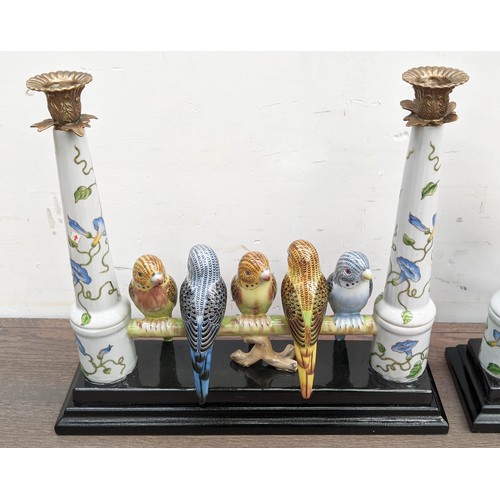 310 - CANDELABRA, a pair, 40cm x 12cm x 35cm, glazed ceramic, in the form of birds on a branch. (2)