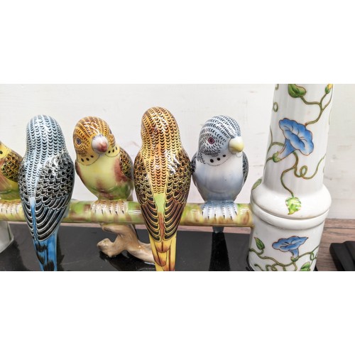 310 - CANDELABRA, a pair, 40cm x 12cm x 35cm, glazed ceramic, in the form of birds on a branch. (2)