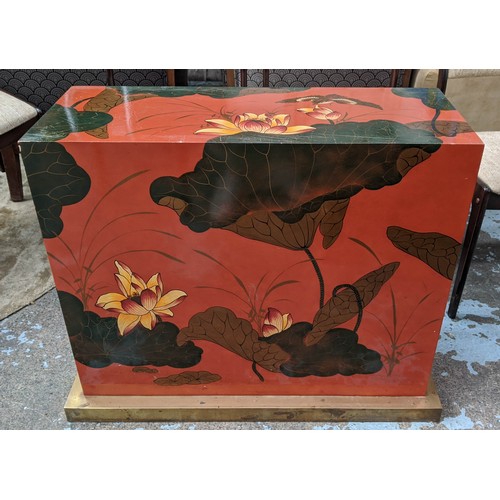 343 - CONSOLE TABLE, 72cm high, 84cm wide, 33cm deep, Chinese style, lacquered finish, on gilt base.