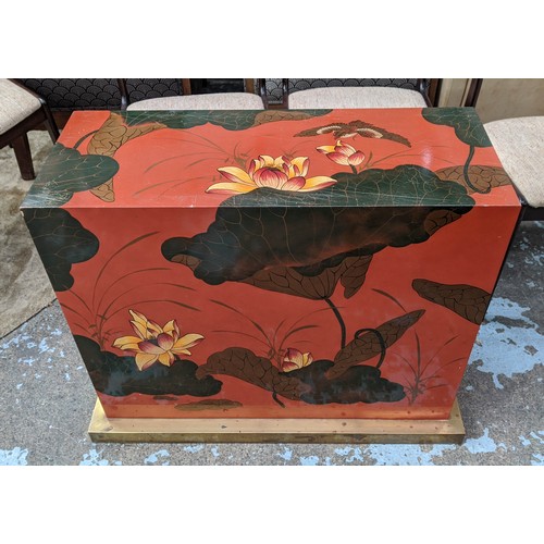 343 - CONSOLE TABLE, 72cm high, 84cm wide, 33cm deep, Chinese style, lacquered finish, on gilt base.