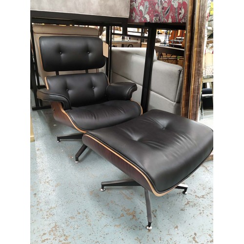 592 - AFTER CHARLES AND RAY EAMES LOUNGE CHAIR AND OTTOMAN, chair 80cm H, 88cm W, 85cm D, ottoman 43cm H, ... 