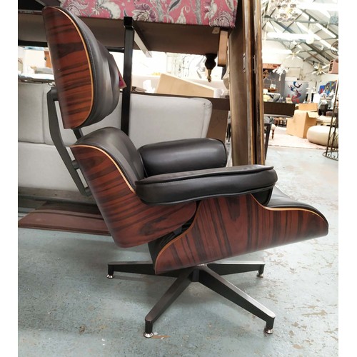 592 - AFTER CHARLES AND RAY EAMES LOUNGE CHAIR AND OTTOMAN, chair 80cm H, 88cm W, 85cm D, ottoman 43cm H, ... 