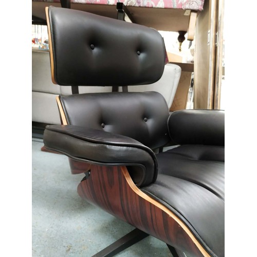 592 - AFTER CHARLES AND RAY EAMES LOUNGE CHAIR AND OTTOMAN, chair 80cm H, 88cm W, 85cm D, ottoman 43cm H, ... 