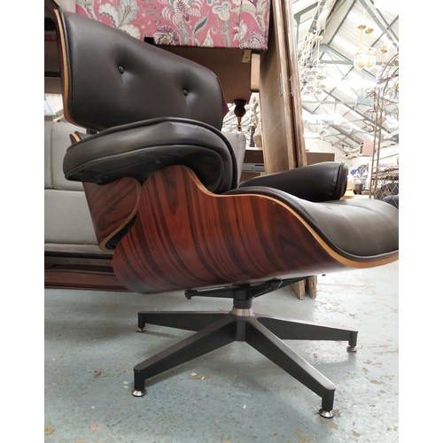 592 - AFTER CHARLES AND RAY EAMES LOUNGE CHAIR AND OTTOMAN, chair 80cm H, 88cm W, 85cm D, ottoman 43cm H, ... 