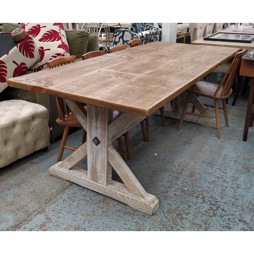 608 - FARMHOUSE DINING TABLE, 92cm x 213cm x 76cm H, twin pedestal X frame base with stretchers.