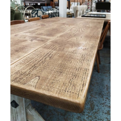 608 - FARMHOUSE DINING TABLE, 92cm x 213cm x 76cm H, twin pedestal X frame base with stretchers.