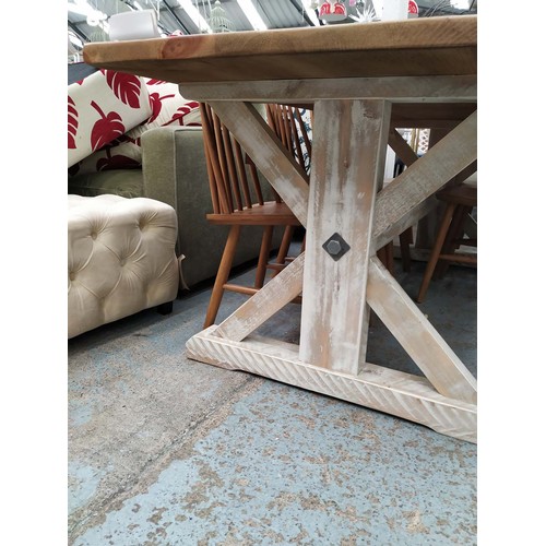 608 - FARMHOUSE DINING TABLE, 92cm x 213cm x 76cm H, twin pedestal X frame base with stretchers.