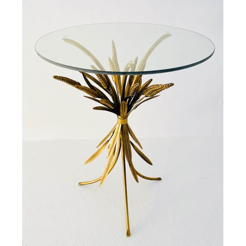 542 - MAISON JANSEN STYLE TABLE, 67cm high, 47cm diameter, wheat sheaf design, gilt metal, glass top.