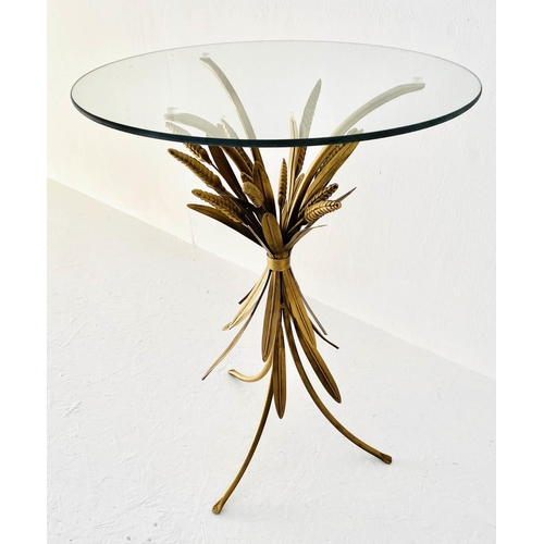 542 - MAISON JANSEN STYLE TABLE, 67cm high, 47cm diameter, wheat sheaf design, gilt metal, glass top.