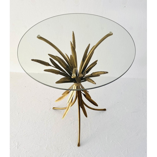 542 - MAISON JANSEN STYLE TABLE, 67cm high, 47cm diameter, wheat sheaf design, gilt metal, glass top.