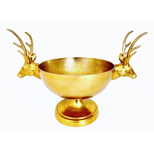 521 - LARGE CHAMPAGNE BATH, 54cm high, 75cm wide, 47cm deep, pedestal form, twin stag head handles, gilt m... 