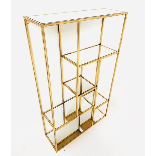 523 - WALL ETAGERES, 100cm H x 69cm W x 20cm D, 1960s French Style, gilt metal with mirrored glass shelves... 