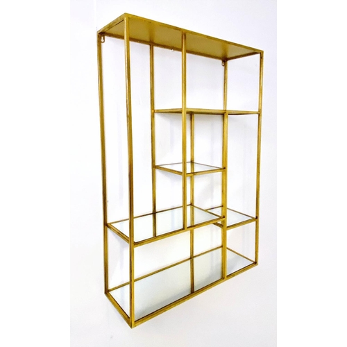 523 - WALL ETAGERES, 100cm H x 69cm W x 20cm D, 1960s French Style, gilt metal with mirrored glass shelves... 