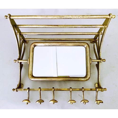 524 - WALL MOUNTING LUGGAGE RACK, gilt metal articulating mirror, six hooks to base, 54cm x 67cm x 37cm.