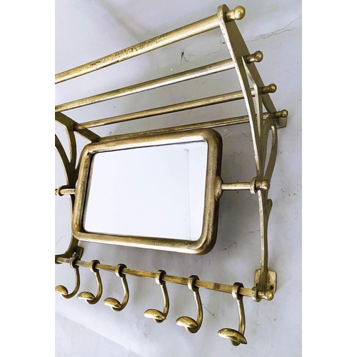 524 - WALL MOUNTING LUGGAGE RACK, gilt metal articulating mirror, six hooks to base, 54cm x 67cm x 37cm.