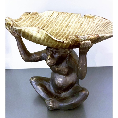 527 - TRINKET DISHES, pair, in the form of Monkeys holding gilt Banana leaves aloft, 33cm x 40cm x 18cm (2... 