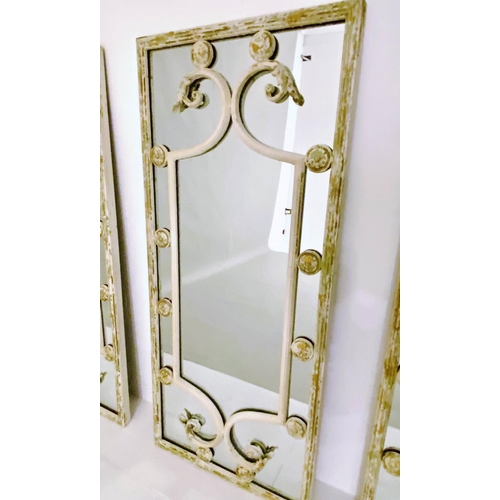 530 - ARCHITECTURAL WALL MIRRORS, set of three, 112cm high, 48cm deep, regency style, aged white painted m... 