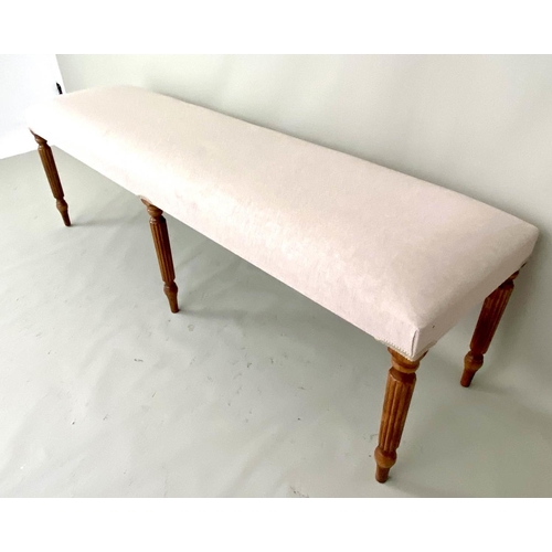 531 - HALL SEAT, 49cm H x 151cm W x 41cm D, neutral linen upholstery, turned and reeded tapered supports.