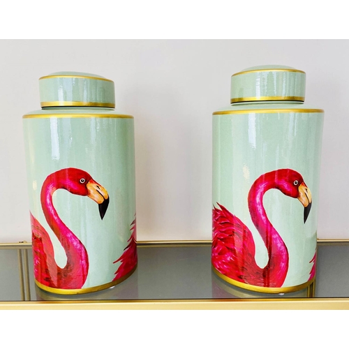 533 - GINGER JARS, pair, 40cm H x 20cm diam., glazed ceramic with flamingo design. (2)