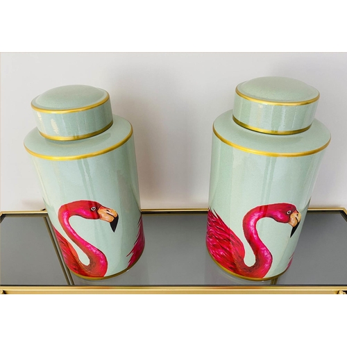 533 - GINGER JARS, pair, 40cm H x 20cm diam., glazed ceramic with flamingo design. (2)