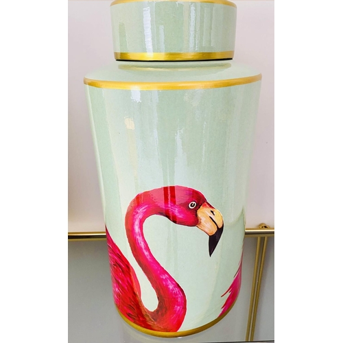 533 - GINGER JARS, pair, 40cm H x 20cm diam., glazed ceramic with flamingo design. (2)