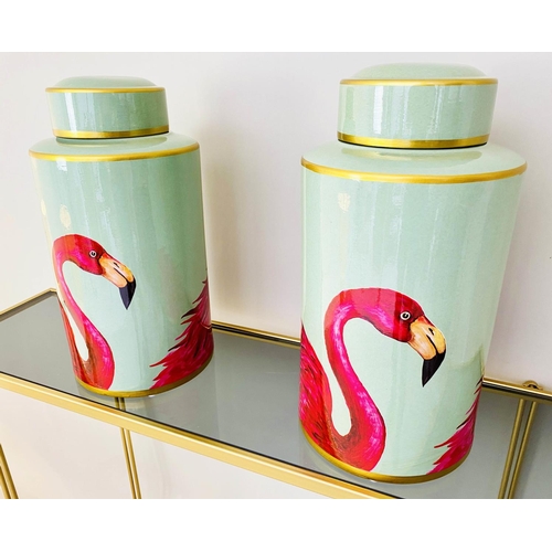 533 - GINGER JARS, pair, 40cm H x 20cm diam., glazed ceramic with flamingo design. (2)