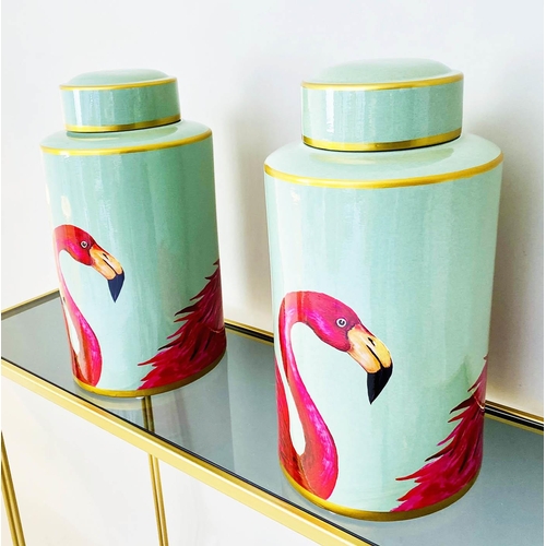 533 - GINGER JARS, pair, 40cm H x 20cm diam., glazed ceramic with flamingo design. (2)