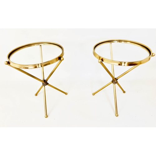 535 - SIDE TABLES, a pair, 55cm high, 43cm diameter, Italian style, gilt metal and glass. (2)