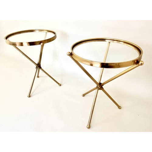 535 - SIDE TABLES, a pair, 55cm high, 43cm diameter, Italian style, gilt metal and glass. (2)