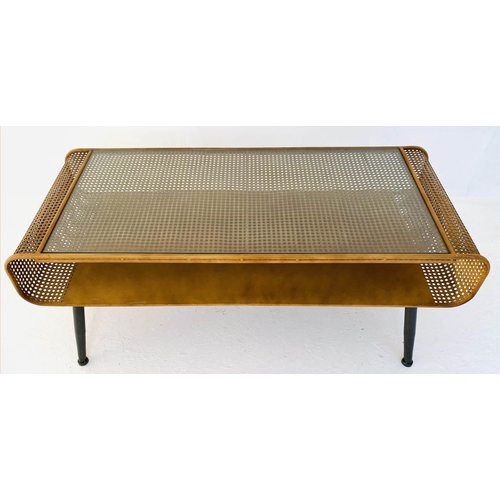 540 - LOW TABLE, 44cm high, 120cm wide, 50cm deep, 1960s Danish style design, faux rattan, glass top.