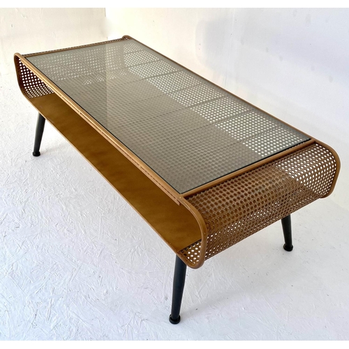 540 - LOW TABLE, 44cm high, 120cm wide, 50cm deep, 1960s Danish style design, faux rattan, glass top.