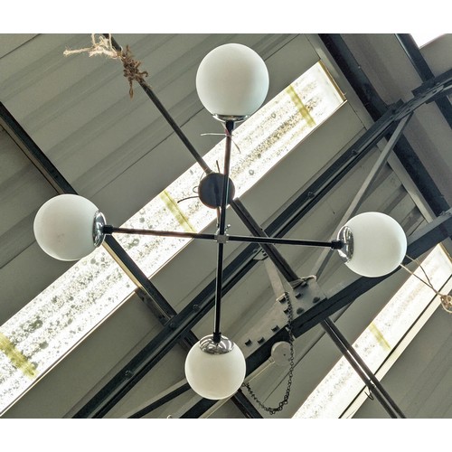 463 - CEILING PENDANT LIGHT, 61cm drop, 1950's Italian style, four branch, glass shades.