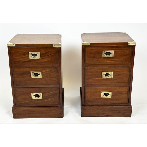 65 - BEDSIDE CHESTS, a pair, 36cm W x 36cm D x 56cm H, military/campaign style, each with three drawers.