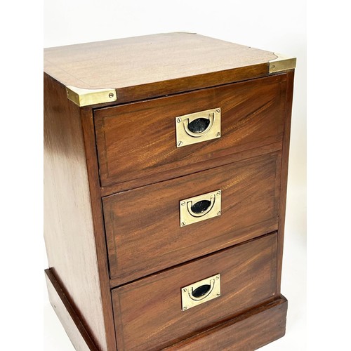 65 - BEDSIDE CHESTS, a pair, 36cm W x 36cm D x 56cm H, military/campaign style, each with three drawers.