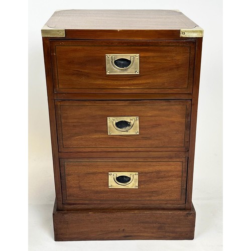 65 - BEDSIDE CHESTS, a pair, 36cm W x 36cm D x 56cm H, military/campaign style, each with three drawers.