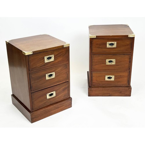 65 - BEDSIDE CHESTS, a pair, 36cm W x 36cm D x 56cm H, military/campaign style, each with three drawers.