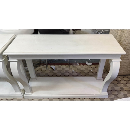 480 - CONSOLE TABLES, a pair, 120cm W x 43cm D x 84cm H, in a painted finish. (2)