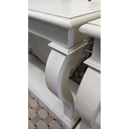 480 - CONSOLE TABLES, a pair, 120cm W x 43cm D x 84cm H, in a painted finish. (2)