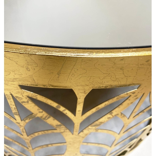 432 - LOW TABLE, 40cm H x 74cm diam., 1970s Italian style, gilt metal, mirrored glass top, leaf pierced de... 
