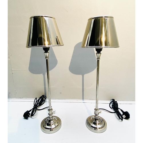 433 - LIBRARY TABLE LAMPS, a pair, 64cm H x 20cm diam., polished metal, with shades. (2)