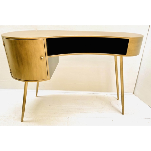 430 - DESK, 1950s Italian inspired, kidney shaped, gilt metal, 81cm H x 120cm W x 50cm D, single cupboard ... 