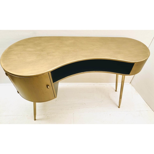 430 - DESK, 1950s Italian inspired, kidney shaped, gilt metal, 81cm H x 120cm W x 50cm D, single cupboard ... 