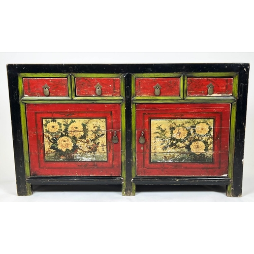 82 - SIDEBOARD, Chinese lacquered and polychrome painted with four drawers above two panel doors enclosin... 