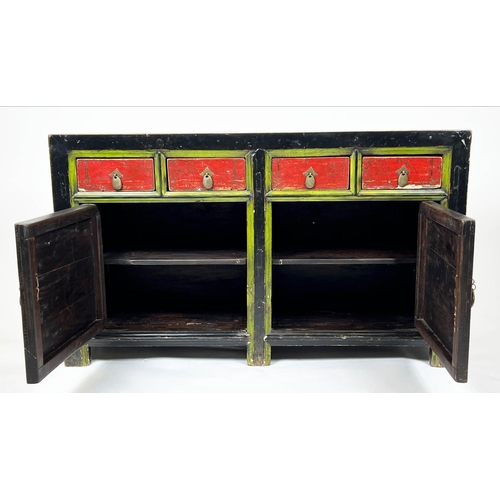 82 - SIDEBOARD, Chinese lacquered and polychrome painted with four drawers above two panel doors enclosin... 