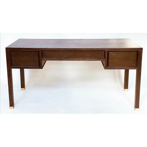 455 - EICHHOLTZ DESK, oak parquetry, spring loaded drawers, 162cm x 65cm x 79cm.