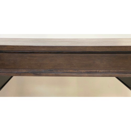 455 - EICHHOLTZ DESK, oak parquetry, spring loaded drawers, 162cm x 65cm x 79cm.