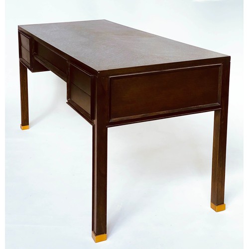 455 - EICHHOLTZ DESK, oak parquetry, spring loaded drawers, 162cm x 65cm x 79cm.